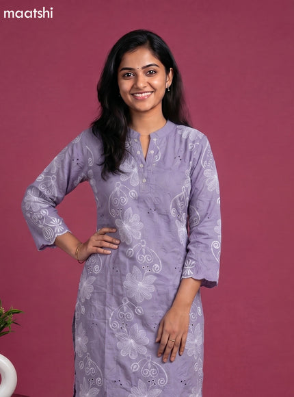 Grey Cotton Embroidery & Hakoba Work Kurti Set