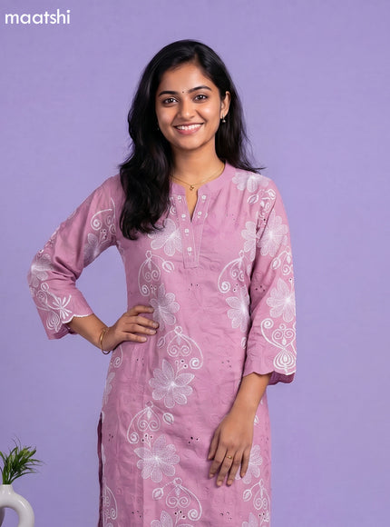 Mauve Pink Cotton Embroidery & Hakoba Work Kuti Set