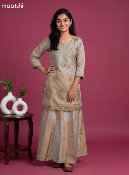 Beige and Gold Tissue Embroidery Work Short Straight Suit