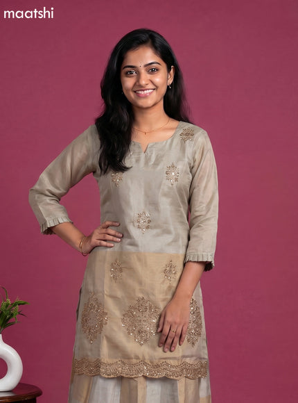 Beige and Gold Tissue Embroidery Work Short Straight Suit