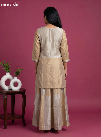 Beige and Gold Tissue Embroidery Work Short Straight Suit
