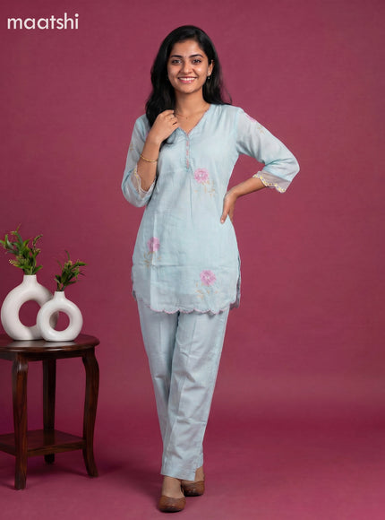 Pastel Blue and Baby Pink Art Silk Embroidery Work Short Co-Ord Set