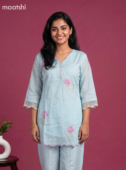 Pastel Blue and Baby Pink Art Silk Embroidery Work Short Co-Ord Set