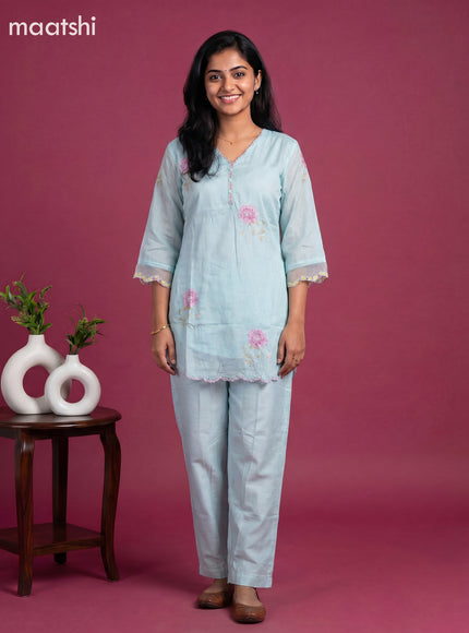 Pastel Blue and Baby Pink Art Silk Embroidery Work Short Co-Ord Set