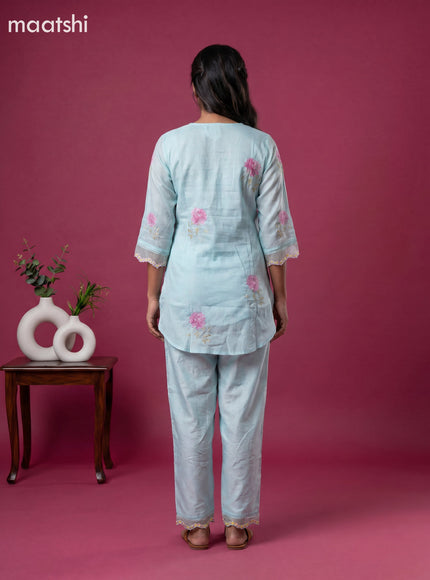 Pastel Blue and Baby Pink Art Silk Embroidery Work Short Co-Ord Set