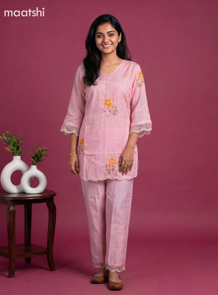 Peach Pink Art Silk Embroidery Work Short Co-Ord Set