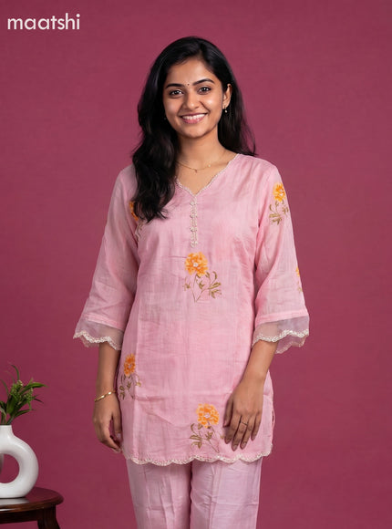 Peach Pink Art Silk Embroidery Work Short Co-Ord Set