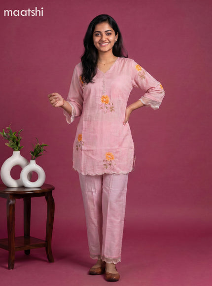 Peach Pink Art Silk Embroidery Work Short Co-Ord Set