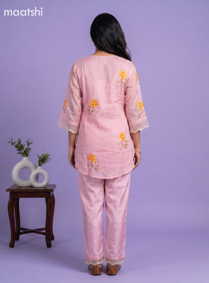 Peach Pink Art Silk Embroidery Work Short Co-Ord Set