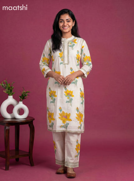 Off White and Yellow Cotton Floral Printed Kurti Set