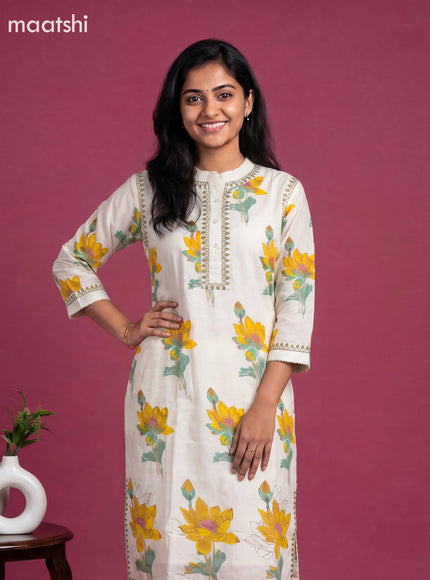 Off White and Yellow Cotton Floral Printed Kurti Set