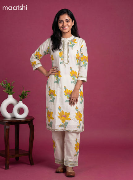 Off White and Yellow Cotton Floral Printed Kurti Set