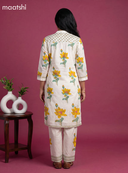 Off White and Yellow Cotton Floral Printed Kurti Set