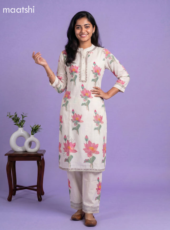 Off White and Pink Cotton Floral Printed Kurti Set