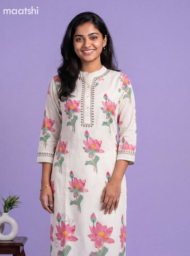 Off White and Pink Cotton Floral Printed Kurti Set