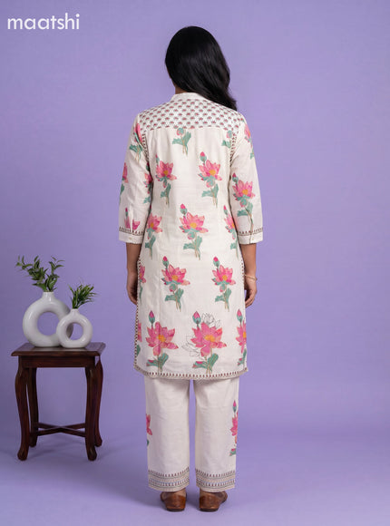 Off White and Pink Cotton Floral Printed Kurti Set