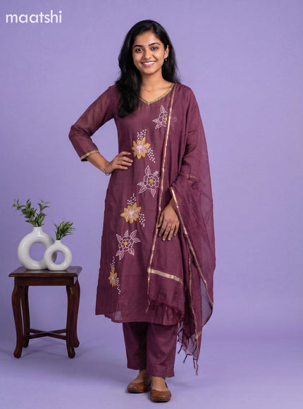 Onion Pink Mul Chanderi Embroidery Work A-Line Suit