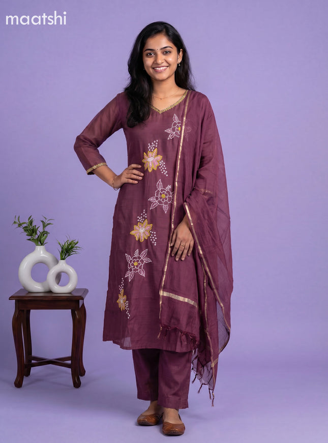 Onion Pink Mul Chanderi Embroidery Work A-Line Suit