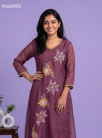 Onion Pink Mul Chanderi Embroidery Work A-Line Suit
