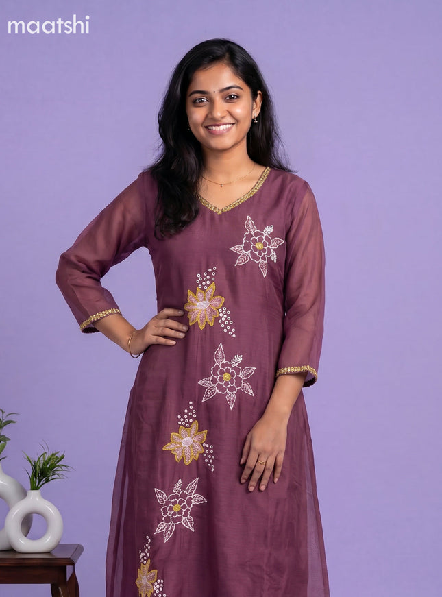 Onion Pink Mul Chanderi Embroidery Work A-Line Suit