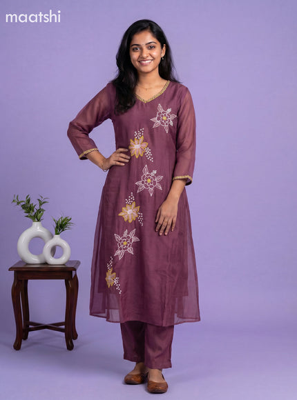 Onion Pink Mul Chanderi Embroidery Work A-Line Suit