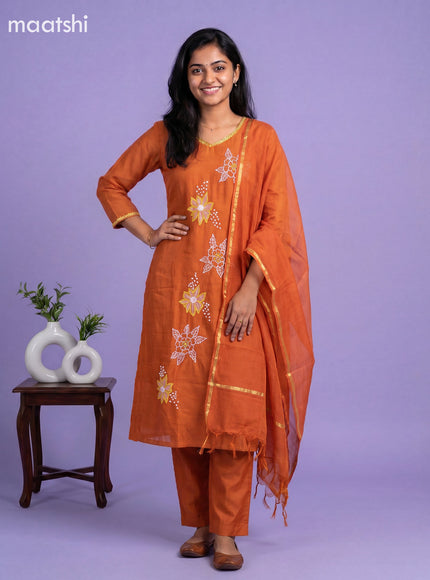 Rust Orange Mul Chanderi Embroidery Work A-Line Suit