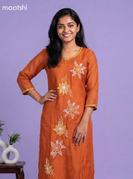 Rust Orange Mul Chanderi Embroidery Work A-Line Suit