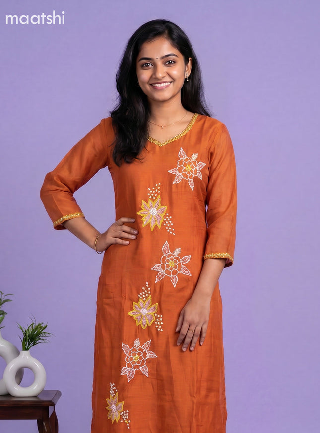 Rust Orange Mul Chanderi Embroidery Work A-Line Suit