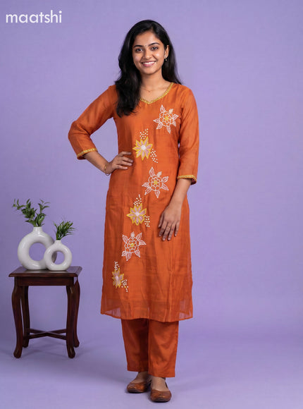Rust Orange Mul Chanderi Embroidery Work A-Line Suit