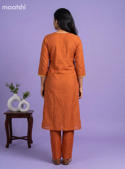 Rust Orange Mul Chanderi Embroidery Work A-Line Suit
