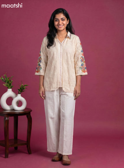 Off White Rayon Embroidery Work Short Co-Ord Set
