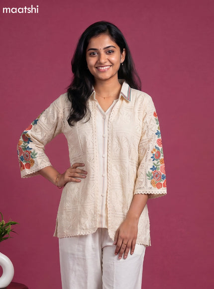Off White Rayon Embroidery Work Short Co-Ord Set