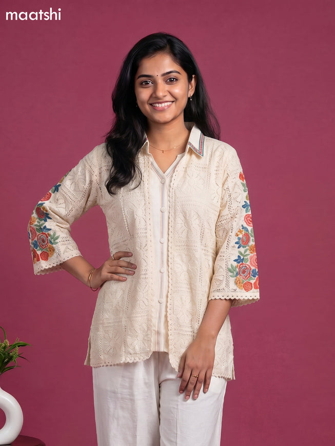 Off White Rayon Embroidery Work Short Co-Ord Set