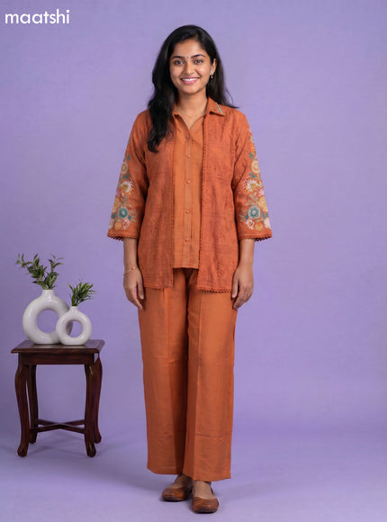 Rust Rayon Embroidery Work Short Co-Ord Set