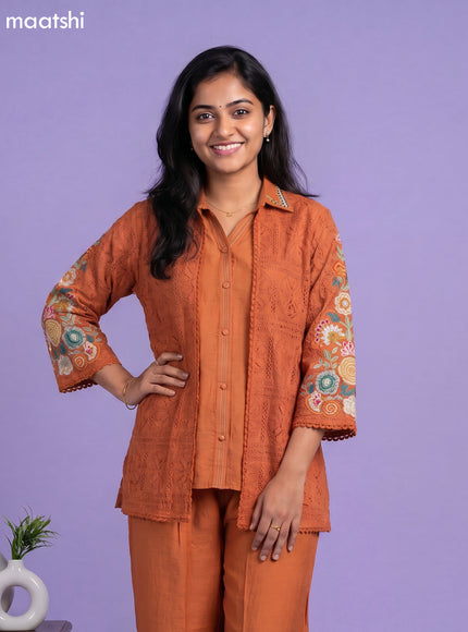 Rust Rayon Embroidery Work Short Co-Ord Set