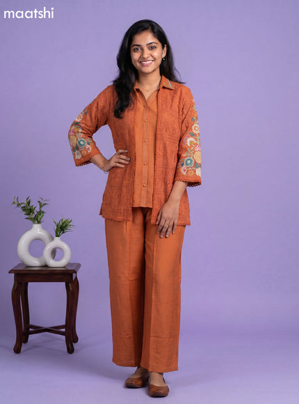Rust Rayon Embroidery Work Short Co-Ord Set