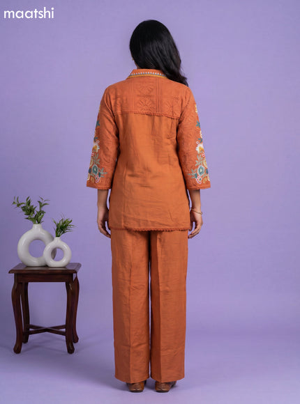 Rust Rayon Embroidery Work Short Co-Ord Set