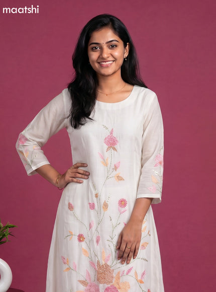 Off White Chanderi Embroidery Work Anarkali Suit