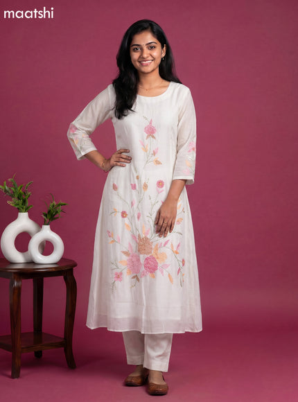 Off White Chanderi Embroidery Work Anarkali Suit