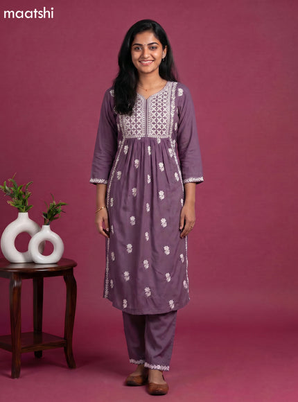 Pastel Purple and Off White Cotton Embroidery Work Kurti Set