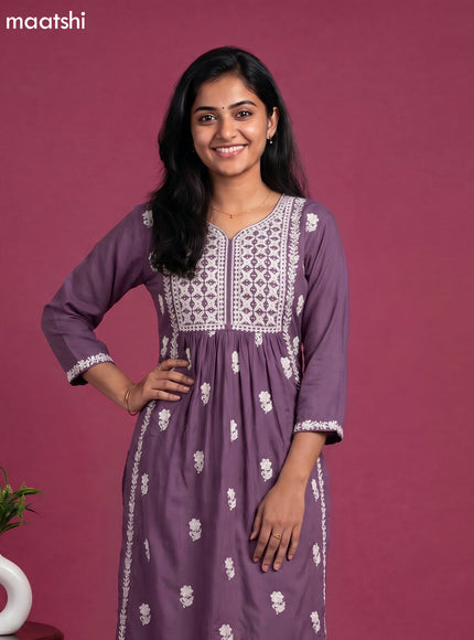 Pastel Purple and Off White Cotton Embroidery Work Kurti Set