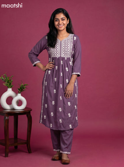 Pastel Purple and Off White Cotton Embroidery Work Kurti Set