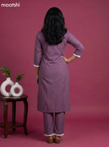 Pastel Purple and Off White Cotton Embroidery Work Kurti Set