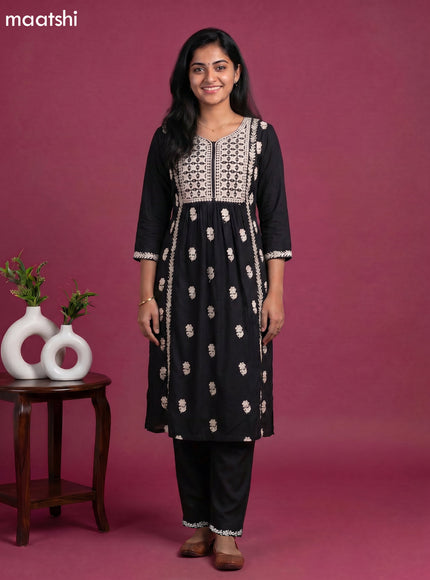 Black and Off White Cotton Embroidery Work Kurti Set