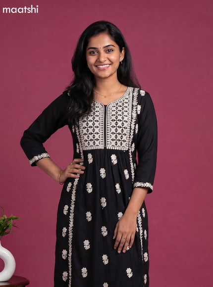 Black and Off White Cotton Embroidery Work Kurti Set