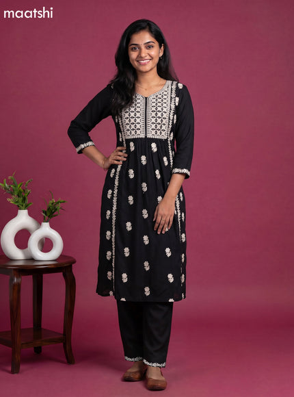 Black and Off White Cotton Embroidery Work Kurti Set
