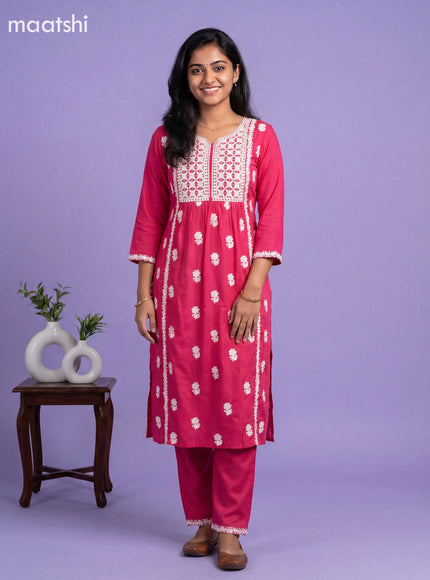 Pink Cotton Embroidery Work Kurti Set