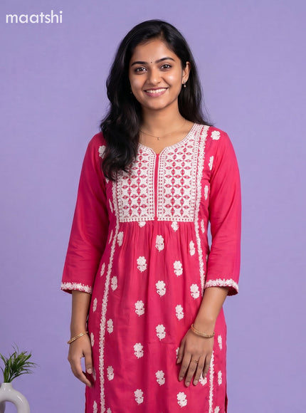 Pink Cotton Embroidery Work Kurti Set
