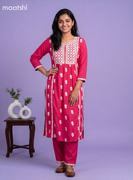 Pink Cotton Embroidery Work Kurti Set