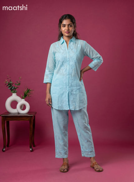 Blue Mul Chanderi Embroidery Work Short Co-Ord Set